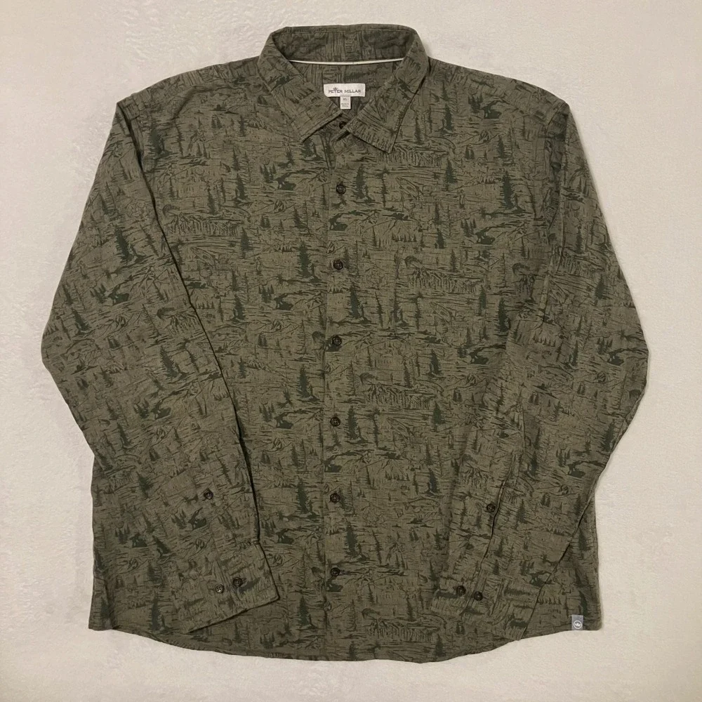 Peter Millar Outdoor Print Button Up Shirt Mens Size XL Long Sleeve Green Forest